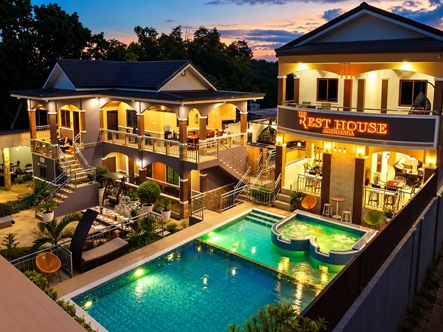 The resort at dusk with its terraces lit