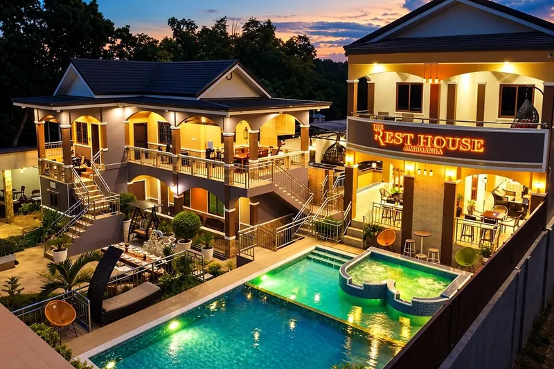 The resort and its pool at dusk